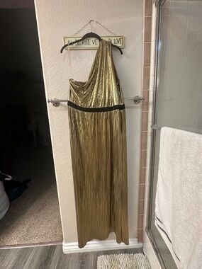 Gold One-Shoulder Maxi Dress with Black Waist